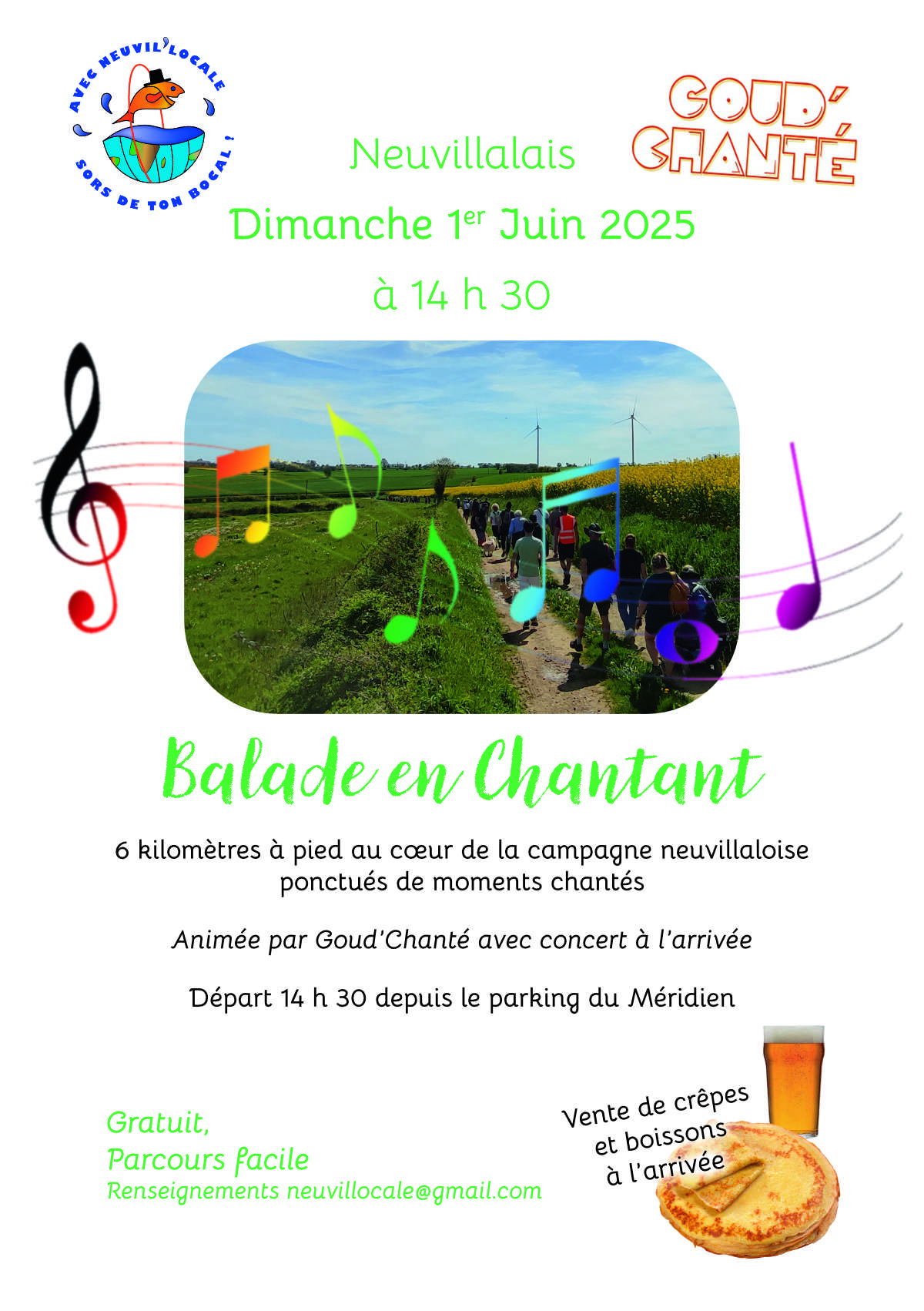 Affiche de la balade en chantant, accessible à tous, dimanche 01 juin à Neuvillalais